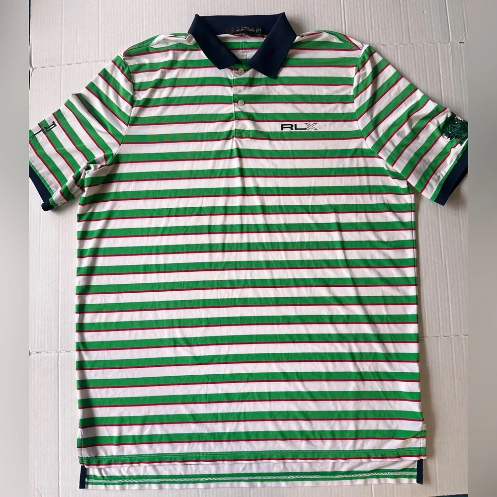Ralph Lauren RLX Polos Mens XL Green White Striped Short Sleeve Performance Golf